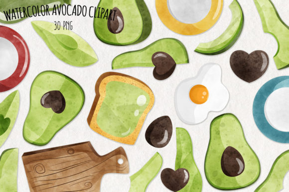 Watercolor Avocado Clipart Set of 30